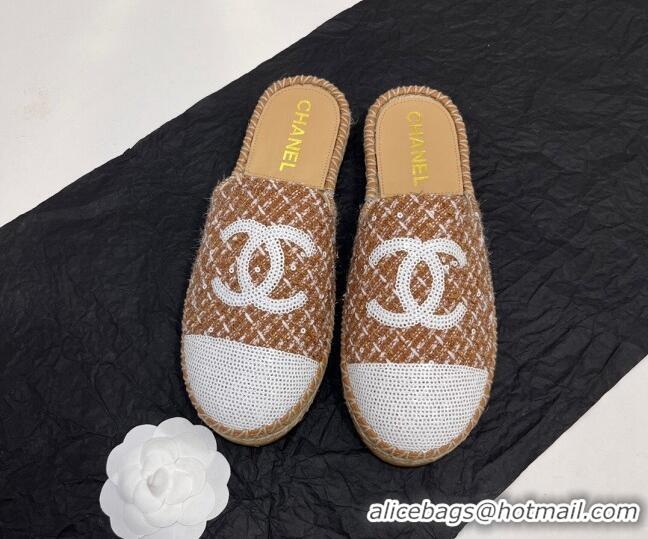 Sophisticated Chanel Tweed & Sequins Espadrilles Flat Mules G45602 Brown 425011