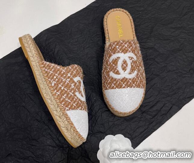 Sophisticated Chanel Tweed & Sequins Espadrilles Flat Mules G45602 Brown 425011