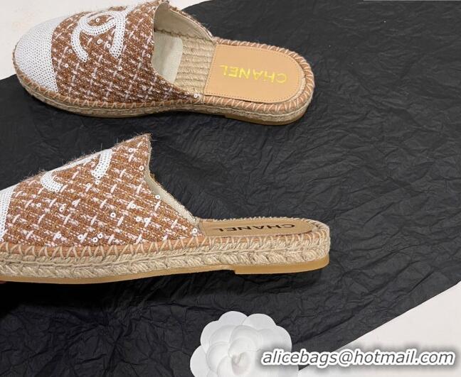 Sophisticated Chanel Tweed & Sequins Espadrilles Flat Mules G45602 Brown 425011