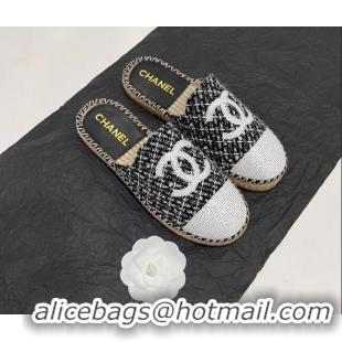 Cheap Price Chanel Tweed & Sequins Espadrilles Flat Mules G45602 Black 425012