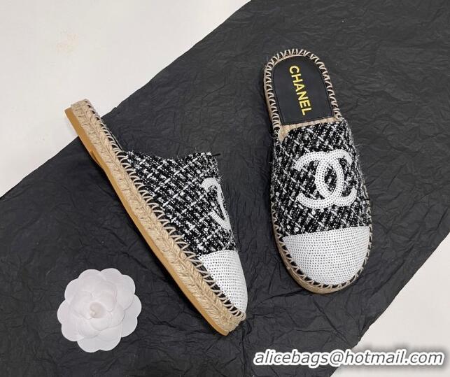 Cheap Price Chanel Tweed & Sequins Espadrilles Flat Mules G45602 Black 425012