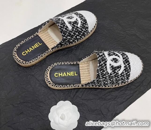 Cheap Price Chanel Tweed & Sequins Espadrilles Flat Mules G45602 Black 425012