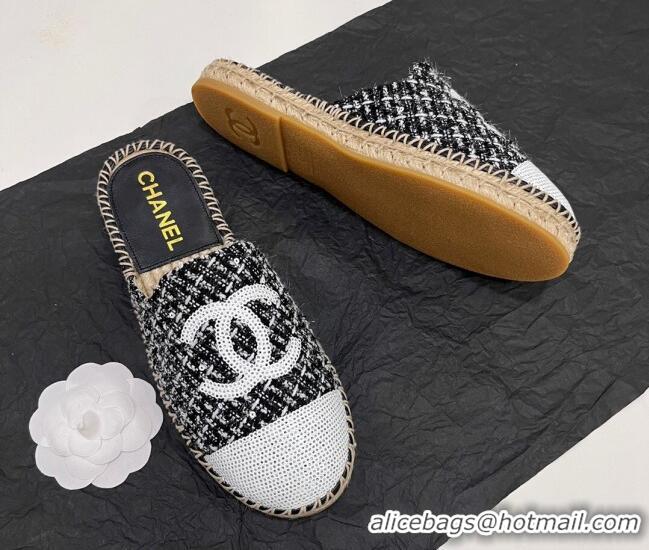 Cheap Price Chanel Tweed & Sequins Espadrilles Flat Mules G45602 Black 425012