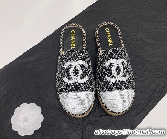 Cheap Price Chanel Tweed & Sequins Espadrilles Flat Mules G45602 Black 425012