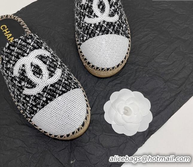 Cheap Price Chanel Tweed & Sequins Espadrilles Flat Mules G45602 Black 425012