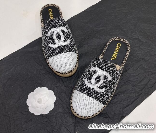 Cheap Price Chanel Tweed & Sequins Espadrilles Flat Mules G45602 Black 425012