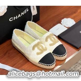 Sumptuous Chanel Tweed & Grosgrain Espadrilles Flat G29762 White/Gold/Black 425019