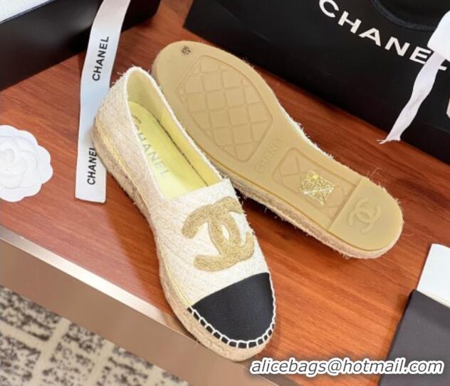 Sumptuous Chanel Tweed & Grosgrain Espadrilles Flat G29762 White/Gold/Black 425019