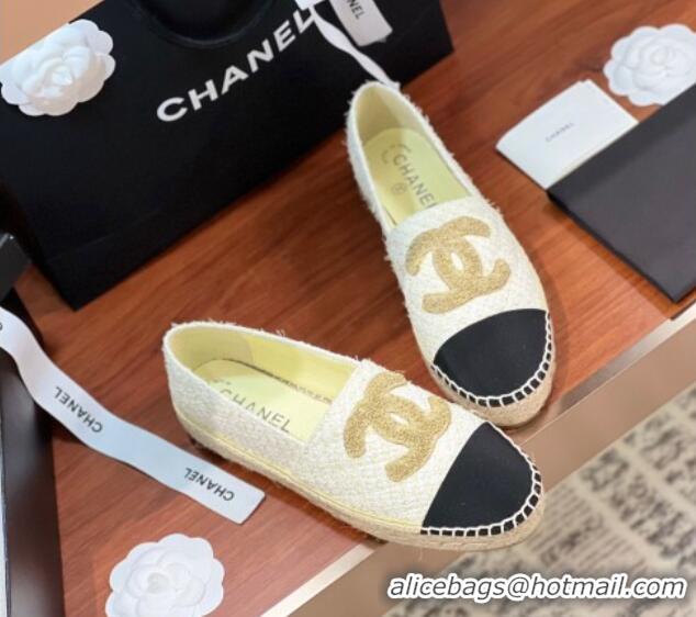 Sumptuous Chanel Tweed & Grosgrain Espadrilles Flat G29762 White/Gold/Black 425019