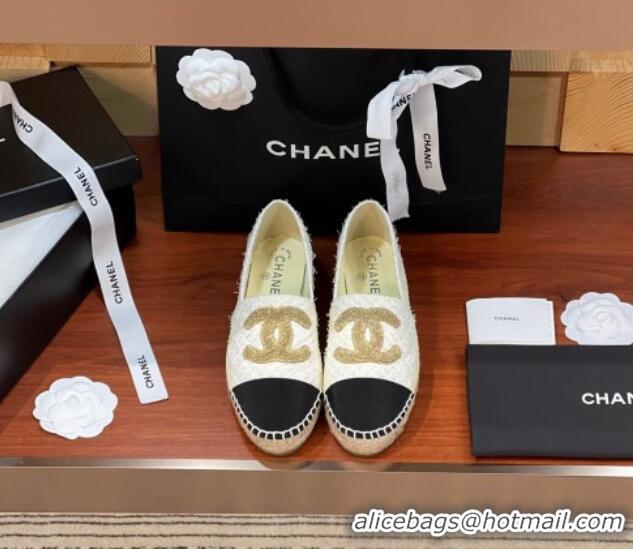 Sumptuous Chanel Tweed & Grosgrain Espadrilles Flat G29762 White/Gold/Black 425019