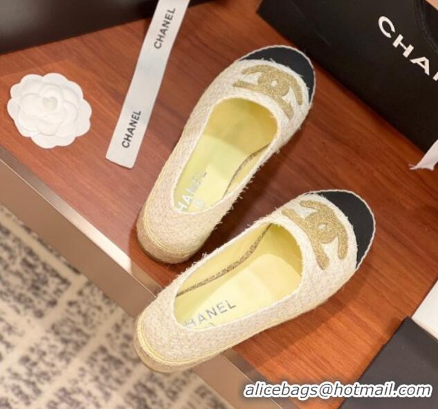 Sumptuous Chanel Tweed & Grosgrain Espadrilles Flat G29762 White/Gold/Black 425019