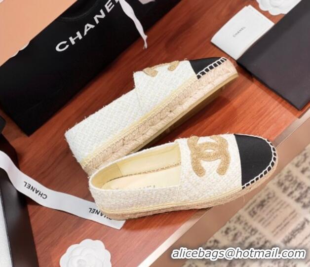 Sumptuous Chanel Tweed & Grosgrain Espadrilles Flat G29762 White/Gold/Black 425019