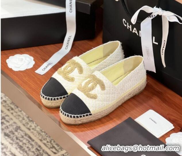 Sumptuous Chanel Tweed & Grosgrain Espadrilles Flat G29762 White/Gold/Black 425019