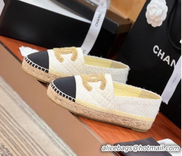 Sumptuous Chanel Tweed & Grosgrain Espadrilles Flat G29762 White/Gold/Black 425019