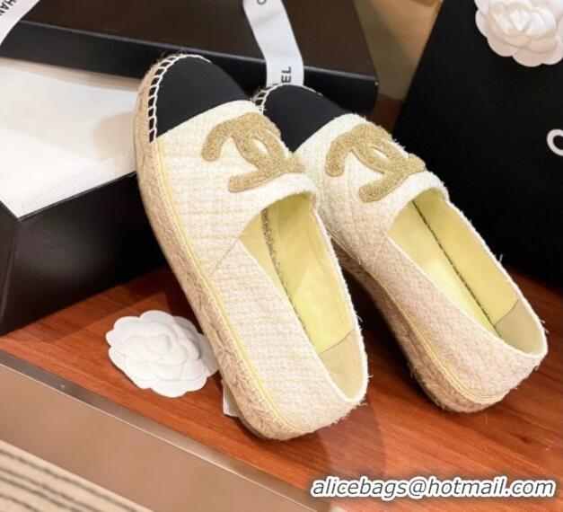 Sumptuous Chanel Tweed & Grosgrain Espadrilles Flat G29762 White/Gold/Black 425019