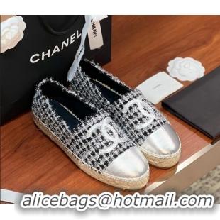 Feminine Chanel Tweed & Lambskin Espadrilles Flat G29762 Black/Silver 425021