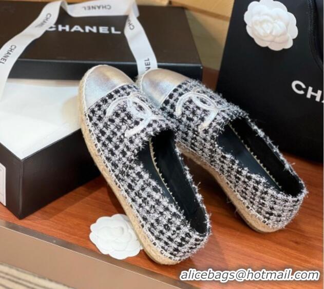 Feminine Chanel Tweed & Lambskin Espadrilles Flat G29762 Black/Silver 425021