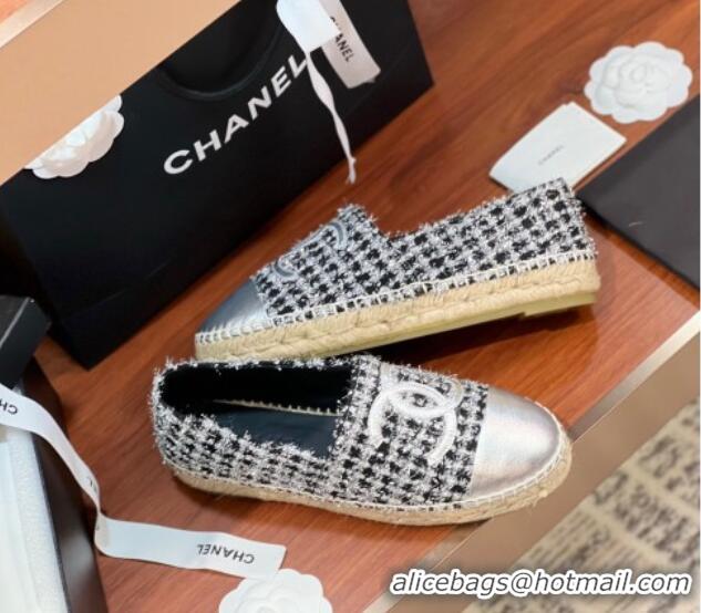 Feminine Chanel Tweed & Lambskin Espadrilles Flat G29762 Black/Silver 425021