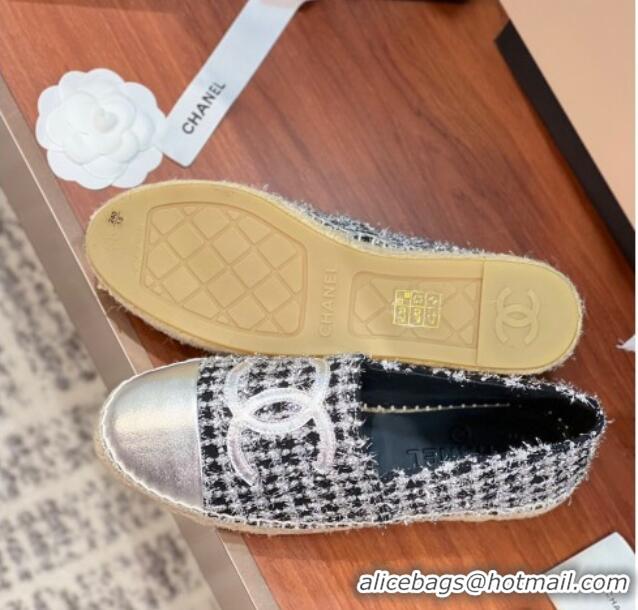 Feminine Chanel Tweed & Lambskin Espadrilles Flat G29762 Black/Silver 425021