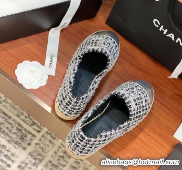 Feminine Chanel Tweed & Lambskin Espadrilles Flat G29762 Black/Silver 425021