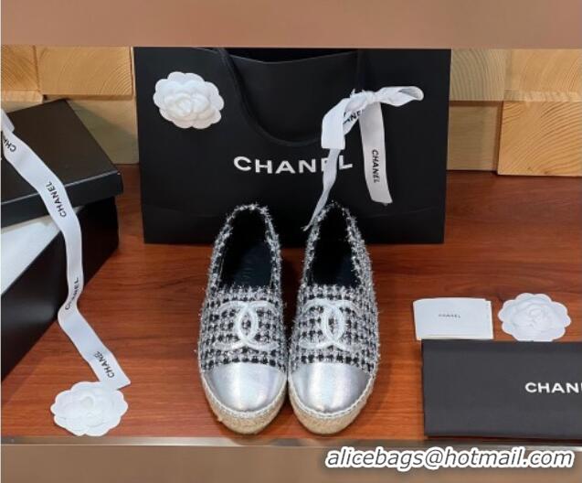 Feminine Chanel Tweed & Lambskin Espadrilles Flat G29762 Black/Silver 425021