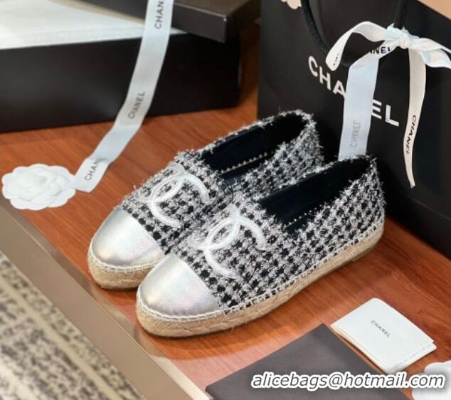 Feminine Chanel Tweed & Lambskin Espadrilles Flat G29762 Black/Silver 425021