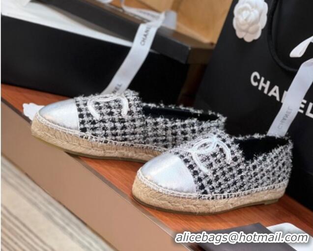 Feminine Chanel Tweed & Lambskin Espadrilles Flat G29762 Black/Silver 425021