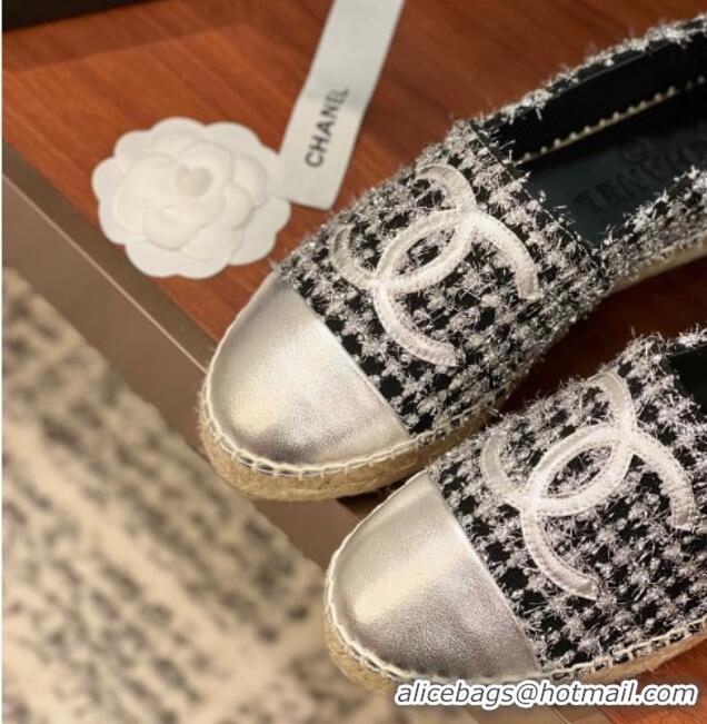 Feminine Chanel Tweed & Lambskin Espadrilles Flat G29762 Black/Silver 425021