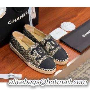 Crafted Chanel Tweed & Grosgrain Espadrilles Flat G29762 Black/Gold 425022