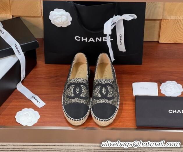 Crafted Chanel Tweed & Grosgrain Espadrilles Flat G29762 Black/Gold 425022