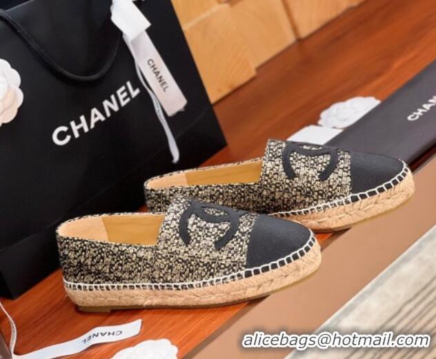 Crafted Chanel Tweed & Grosgrain Espadrilles Flat G29762 Black/Gold 425022