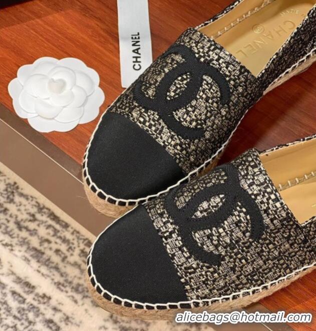 Crafted Chanel Tweed & Grosgrain Espadrilles Flat G29762 Black/Gold 425022