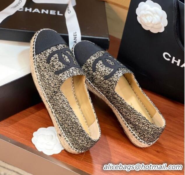 Crafted Chanel Tweed & Grosgrain Espadrilles Flat G29762 Black/Gold 425022