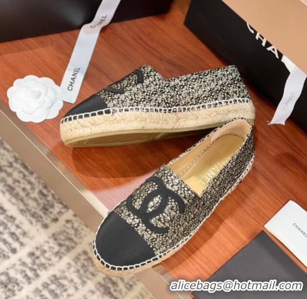 Crafted Chanel Tweed & Grosgrain Espadrilles Flat G29762 Black/Gold 425022