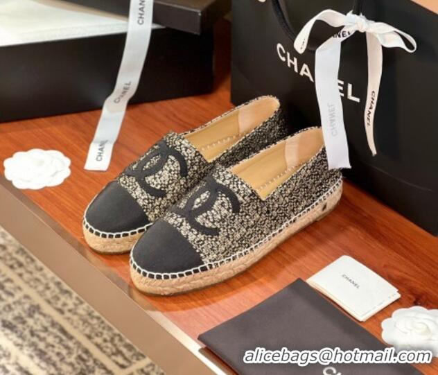 Crafted Chanel Tweed & Grosgrain Espadrilles Flat G29762 Black/Gold 425022