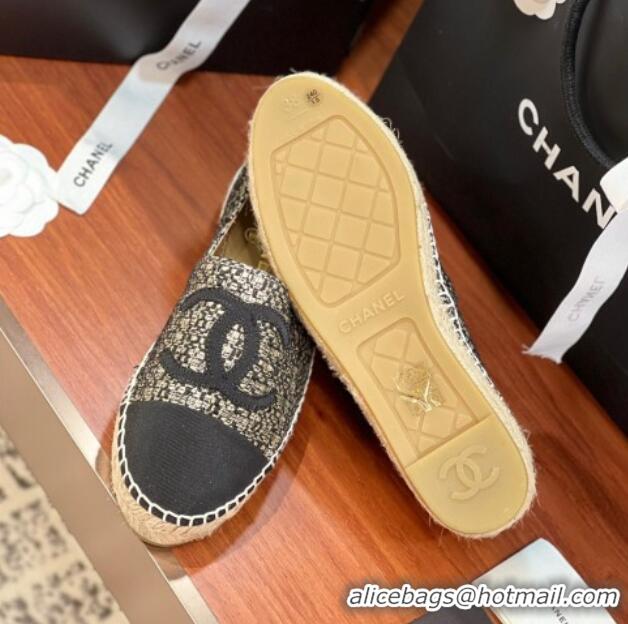 Crafted Chanel Tweed & Grosgrain Espadrilles Flat G29762 Black/Gold 425022