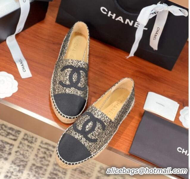 Crafted Chanel Tweed & Grosgrain Espadrilles Flat G29762 Black/Gold 425022