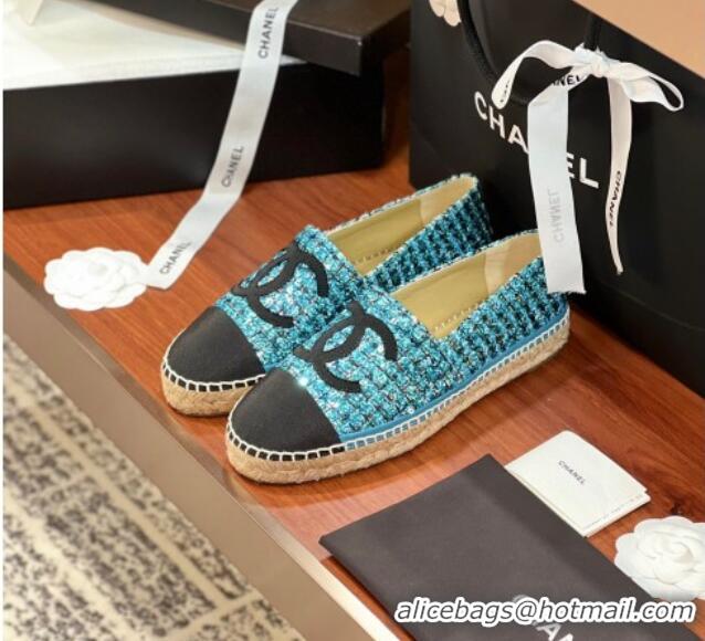 Generous Chanel Tweed & Grosgrain Espadrilles Flat G29762 Blue/Sequins 425023