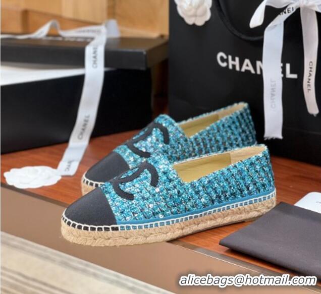 Generous Chanel Tweed & Grosgrain Espadrilles Flat G29762 Blue/Sequins 425023