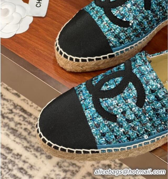 Generous Chanel Tweed & Grosgrain Espadrilles Flat G29762 Blue/Sequins 425023