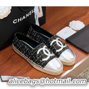 Buy Luxury Chanel Tweed & Lambskin Espadrilles Flat G29762 Black/Gold/Silver 425024