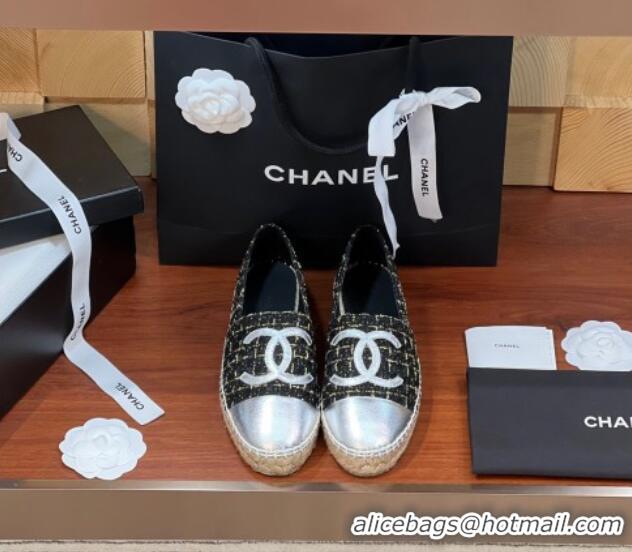 Buy Luxury Chanel Tweed & Lambskin Espadrilles Flat G29762 Black/Gold/Silver 425024