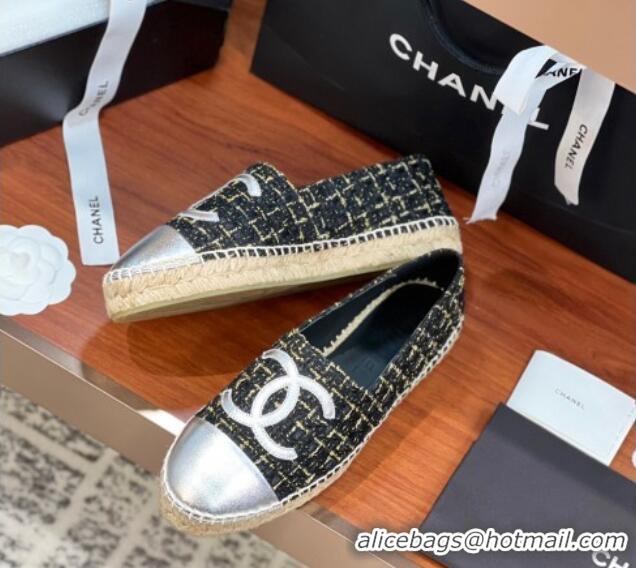 Buy Luxury Chanel Tweed & Lambskin Espadrilles Flat G29762 Black/Gold/Silver 425024