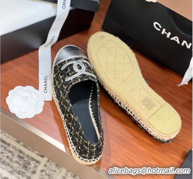 Buy Luxury Chanel Tweed & Lambskin Espadrilles Flat G29762 Black/Gold/Silver 425024