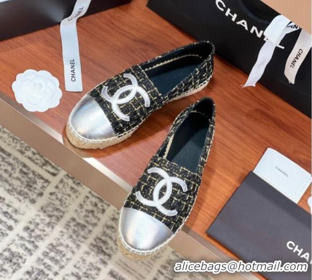 Buy Luxury Chanel Tweed & Lambskin Espadrilles Flat G29762 Black/Gold/Silver 425024