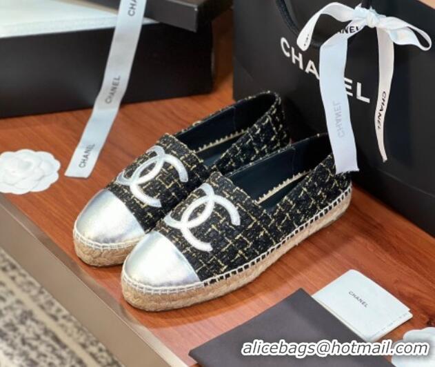 Buy Luxury Chanel Tweed & Lambskin Espadrilles Flat G29762 Black/Gold/Silver 425024