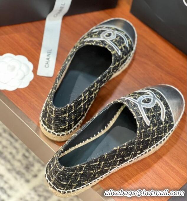 Buy Luxury Chanel Tweed & Lambskin Espadrilles Flat G29762 Black/Gold/Silver 425024