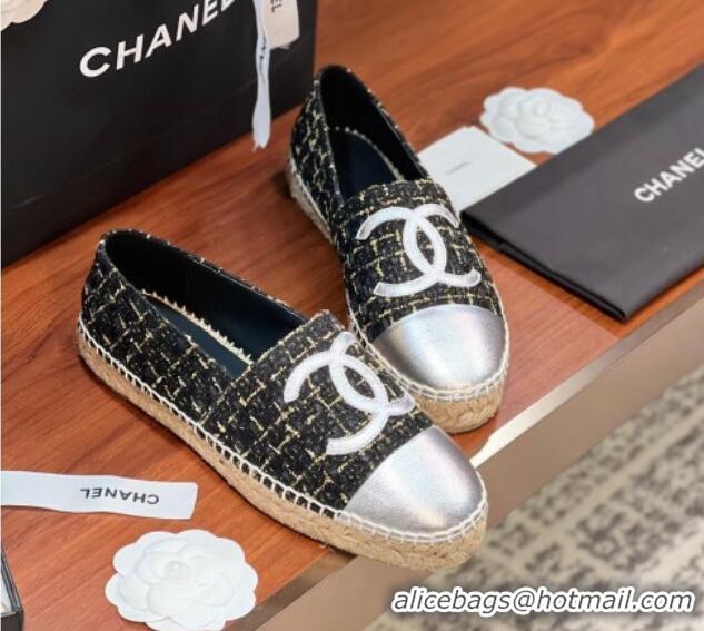 Buy Luxury Chanel Tweed & Lambskin Espadrilles Flat G29762 Black/Gold/Silver 425024