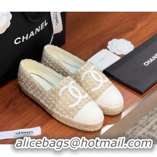 Good Quality Chanel Tweed & Lambskin Espadrilles Flat G29762 Beige/White 425025