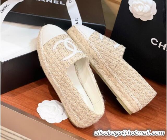 Good Quality Chanel Tweed & Lambskin Espadrilles Flat G29762 Beige/White 425025